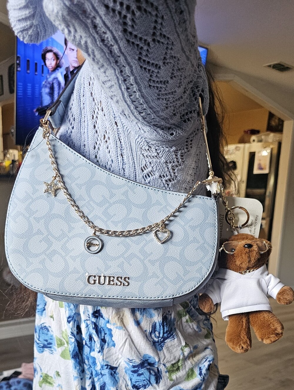 Guess Blue Haze Crescent Baguette Shoulder Bag